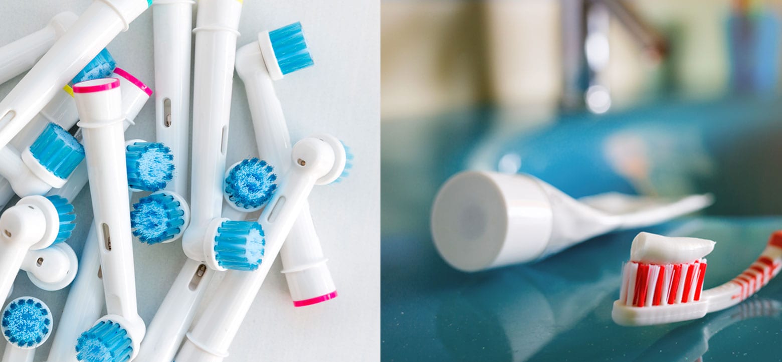 Eltandborsthuvuden och en vanlig tandborste med tandkräm på